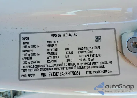 2025 Tesla Model 3 из США, поврежденный, VIN 5YJ3E1EA5SF079031